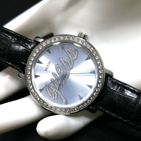 GUESS Wristwatch Logo Dial Rhinestones, Black Leather Strap, G76072L, 9 Inches - Picture 1 of 11